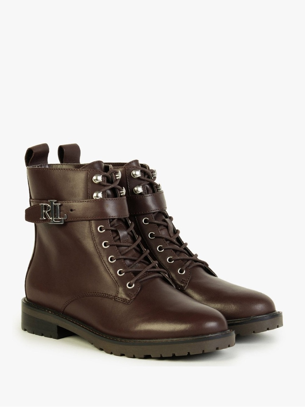 Ralph Lauren Eldridge Dark Brown Leather Combat Boots with RL Hardware Size 8